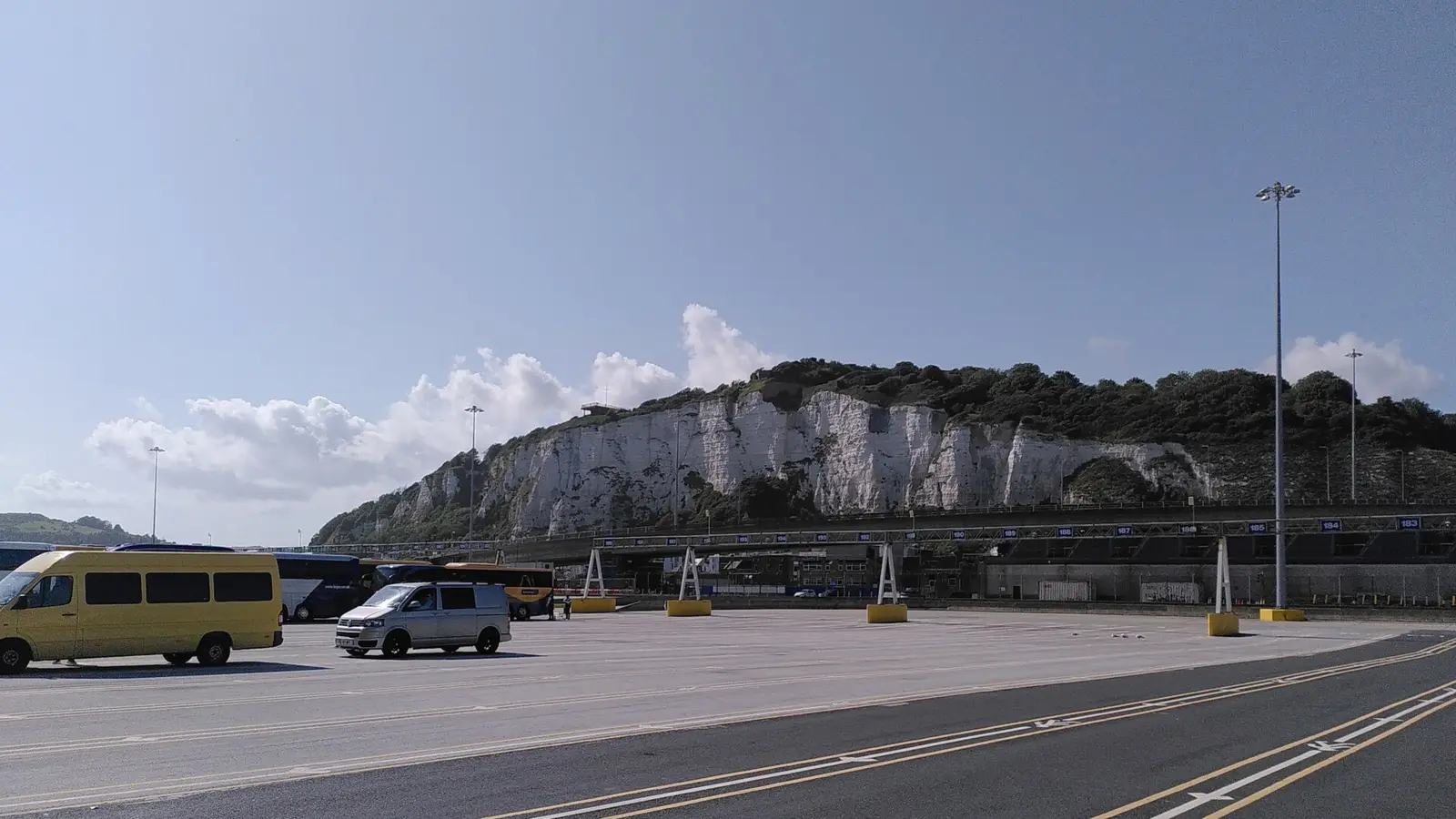 The white cliffs behind the ferry terminal at the Port of Dover